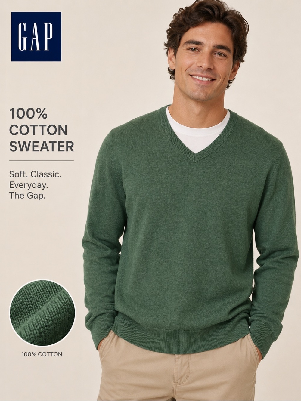 GAP 100% Cotton Green V-Neck Sweater - Men’s Large